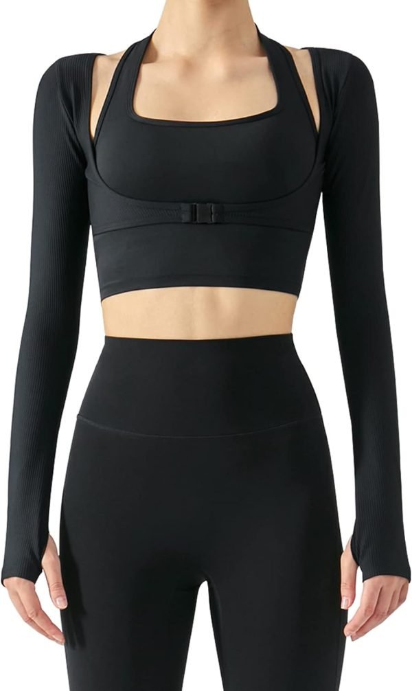 61zc-LNYVWL._AC_SL1500_af595b1f-4e85-4aa5-b0e2-a48afbb6d51f Women's Stretch Cutout Yoga Sports Jacket Long Sleeve Crop Top T Shirts with Thumb Holes