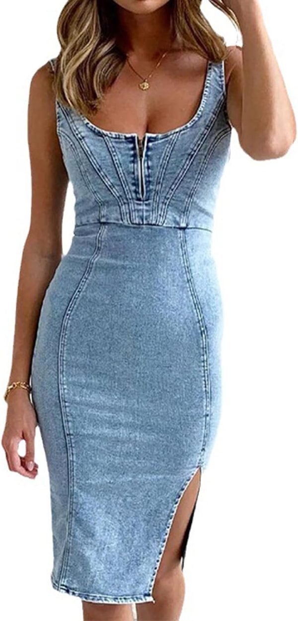 Women's Sleeveless Bodycon Denim Tank Dress Scoop Neck Zip Up Side Slit Stretchy Wrap Club Party Jean Midi Dresses