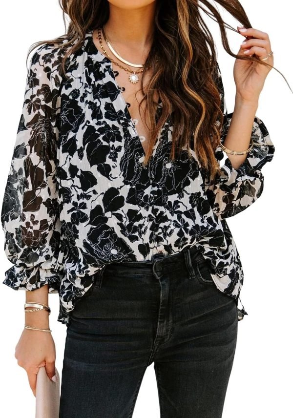 Womens Casual Boho Floral Print V Neck Long Sleeve Blouses Button Down Shirts Dressy Chiffon Loose Ruffle Tops