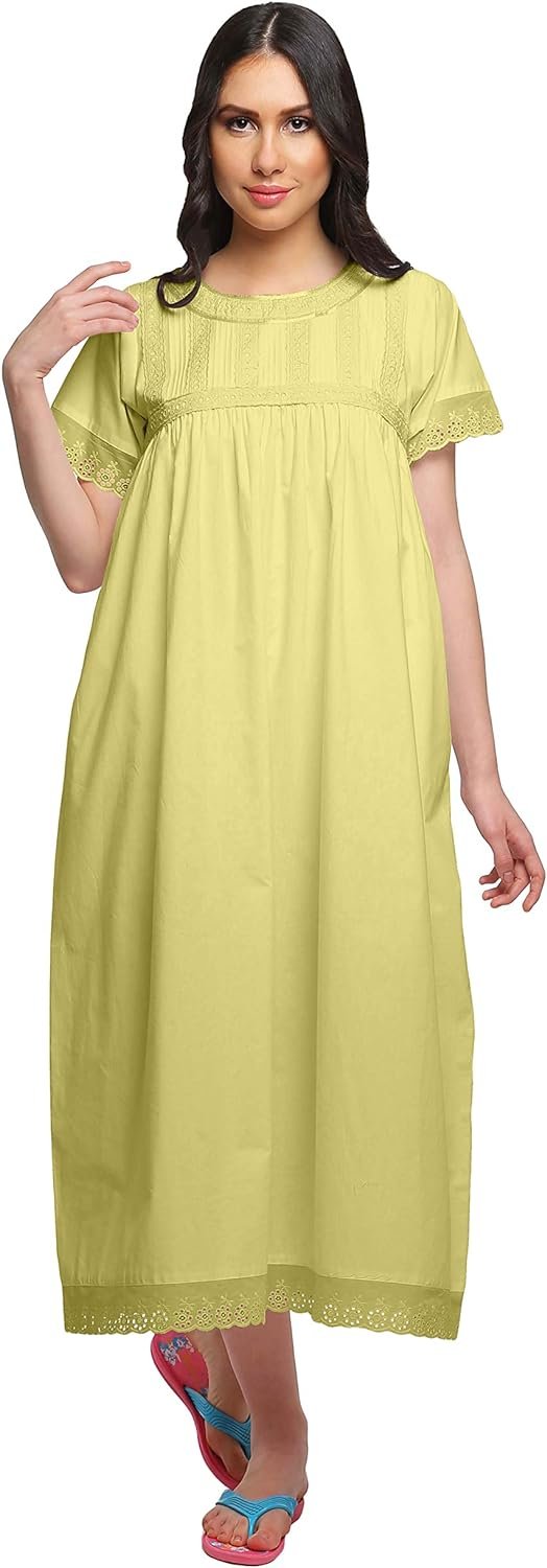 Lace Neckline Cotton Sleepwear For Ladies Womens Round Neck Nightdress