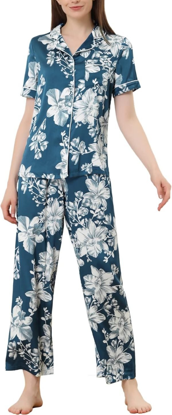 71-oiNmFgeL._AC_SL1500 Womens Satin Floral Sleepwear Short Sleeves Button Down Tops with Pants Lounge Pajamas Sets