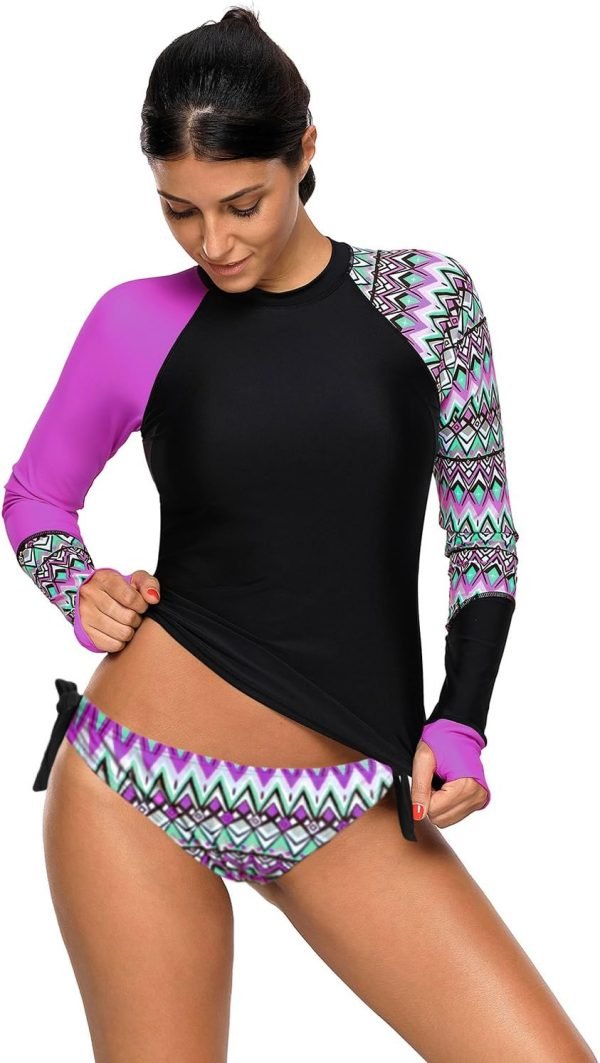 Women's Long Sleeves Rash Guard Athletic Swim Aztec Tankini Sets Swimsuit