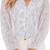 Womens Casual Boho Floral Print V Neck Long Sleeve Blouses Button Down Shirts Dressy Chiffon Loose Ruffle Tops