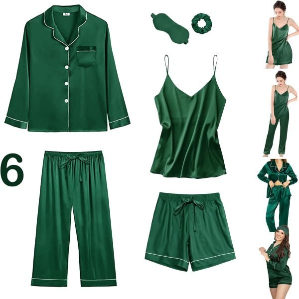 6Pcs Womens Silk Satin Pajama Sets Pj Sets Long Pjs Set Pajamas Sleepwear Camisole Sexy Cami