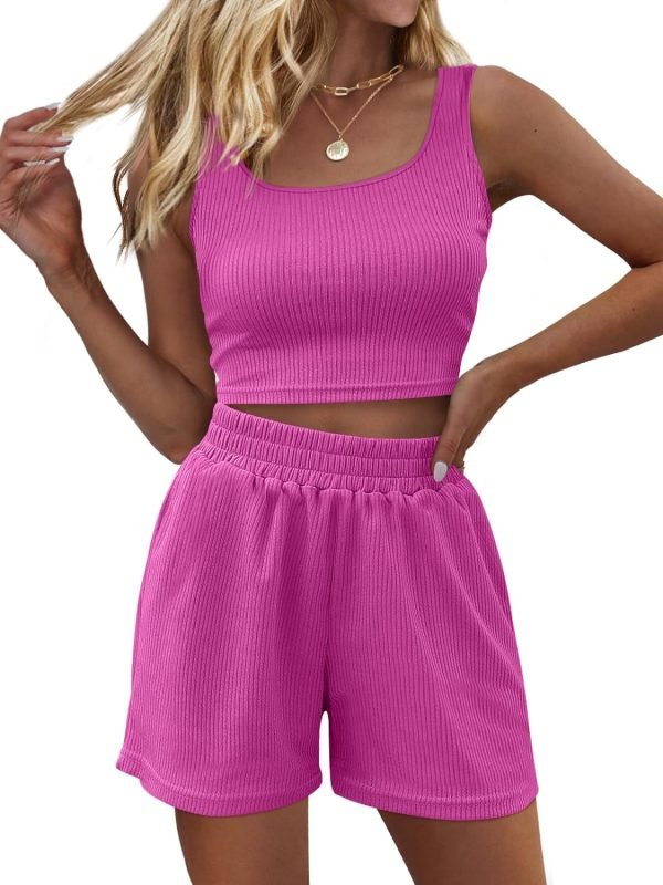 Trendy Queen Two Piece Summer Outfits Women Shorts Sets 2 Piece Sleeveless Matching Lounge Crop Top and High Waisted Shorts