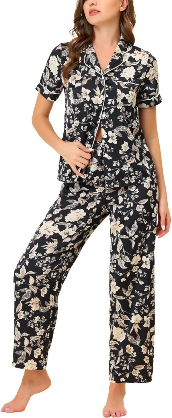 7150LDVRDkL._AC_SL1500 Womens Satin Floral Sleepwear Short Sleeves Button Down Tops with Pants Lounge Pajamas Sets