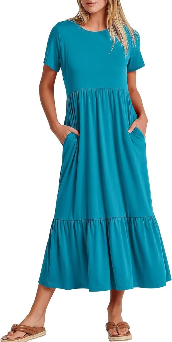 Women's Summer Casual Short Sleeve Crewneck Swing Dress Flowy Tiered Maxi Beach Dress with Pockets