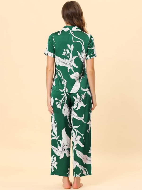 71BeJyJ1IkL._AC_SL1500 Womens Satin Floral Sleepwear Short Sleeves Button Down Tops with Pants Lounge Pajamas Sets