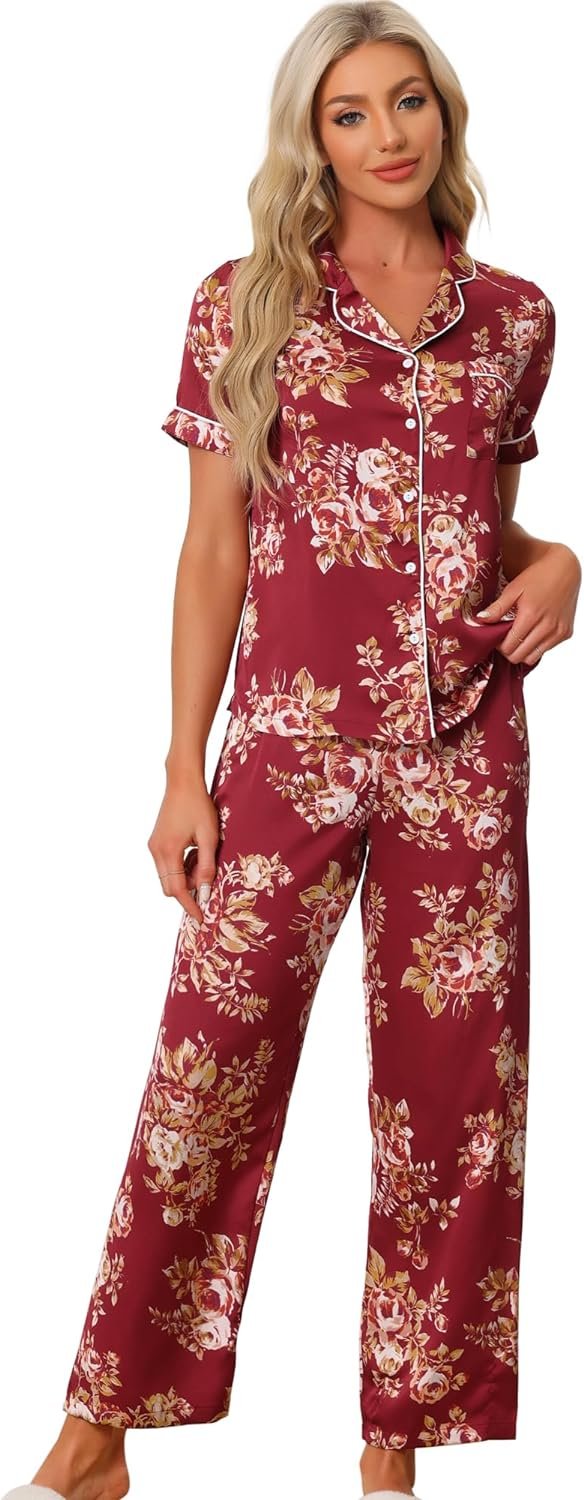 71CQEJIA3vL._AC_SL1500 Womens Satin Floral Sleepwear Short Sleeves Button Down Tops with Pants Lounge Pajamas Sets