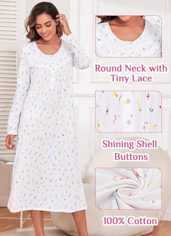 Long Cotton Nightgown Women's Long Sleeve Sleepwear Full Length Night Dress Soft Comfy Loungewear