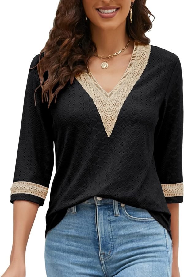 71DMD_kUQFL._AC_SL1500 Women's Casual 3/4 Sleeve Shirts Lace V Neck Color Block Dressy Tops Trendy Hollow Floral Blouses T Shirts S-XXL