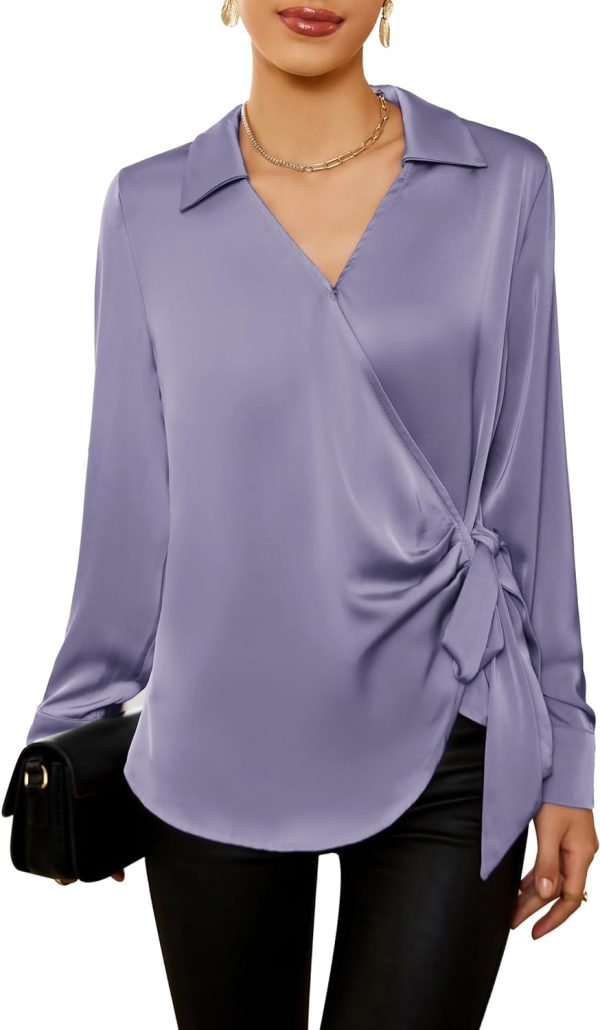 71E-GZELQ7L._AC_SL1500 Women's Satin Silk Blouses Wrap V Neck Shirts Long Sleeve Elegant Tie Waist Office Formal Work Tunic Pullover Tops