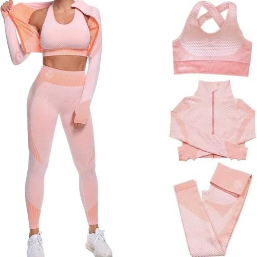 71Er2MxBXSL._AC_SL1500 Women's 3 PC Seamless Gym Clothing Workout Outfit with Jacket Bra & Leggings Set