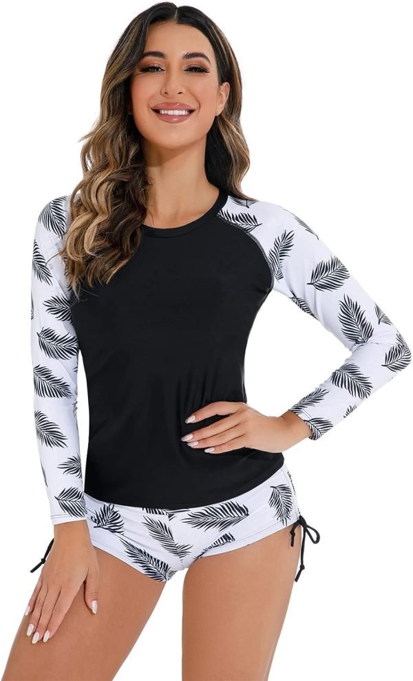 71Fg29iwWjL._AC_SL1500 Women 2 Piece Rash Guard Long Sleeve Swimsuits Swim Shirt with Shorts Set Sun Protection UPF 50+ Surf Bathing Suits