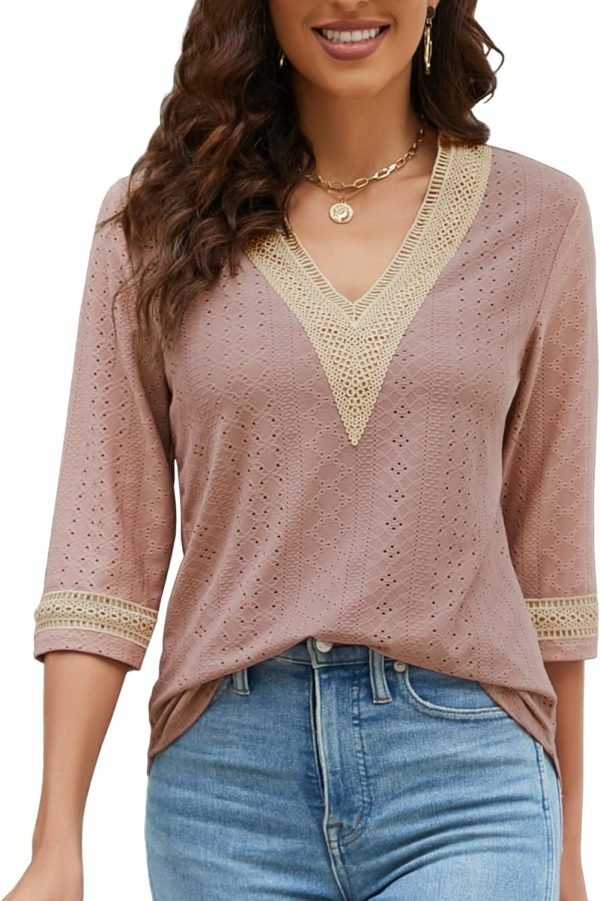 71H2OdQU9kL._AC_SL1500 Women's Casual 3/4 Sleeve Shirts Lace V Neck Color Block Dressy Tops Trendy Hollow Floral Blouses T Shirts S-XXL