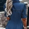 Women Denim Shirt Dress V Neck Short Sleeve Long Bottom Down A-Line Jeans Dresses with Pockets