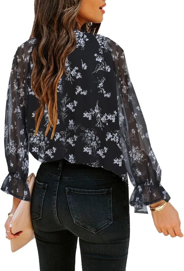 Womens Casual Boho Floral Print V Neck Long Sleeve Blouses Button Down Shirts Dressy Chiffon Loose Ruffle Tops