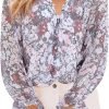 Womens Casual Boho Floral Print V Neck Long Sleeve Blouses Button Down Shirts Dressy Chiffon Loose Ruffle Tops