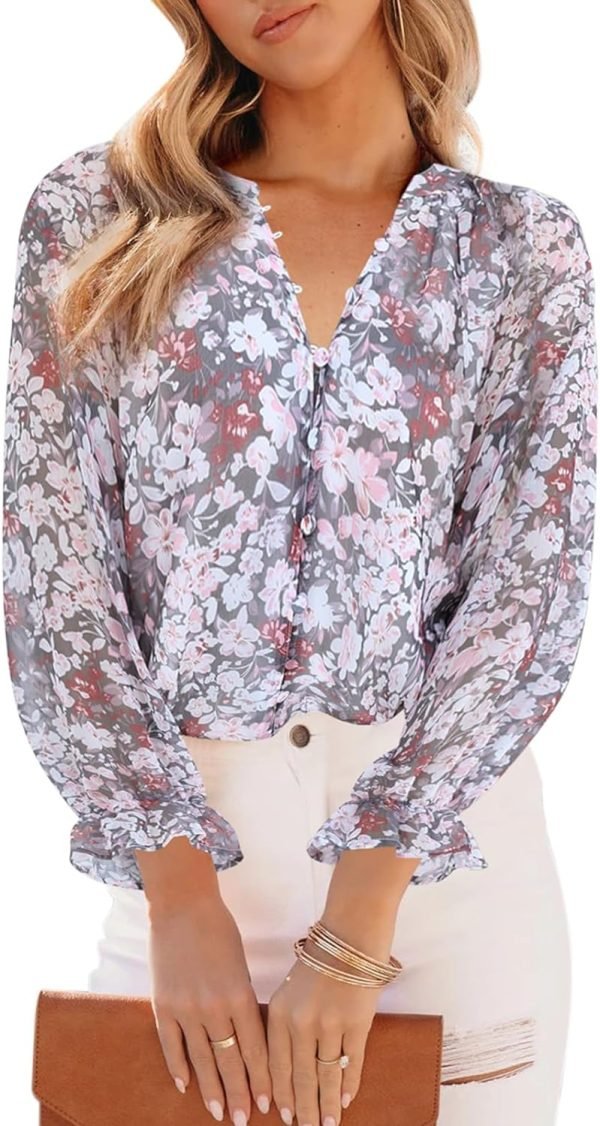 Womens Casual Boho Floral Print V Neck Long Sleeve Blouses Button Down Shirts Dressy Chiffon Loose Ruffle Tops