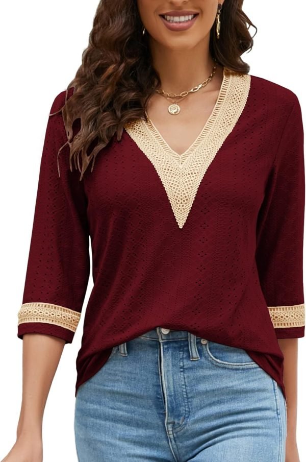 71PKZL3yPqL._AC_SL1500 Women's Casual 3/4 Sleeve Shirts Lace V Neck Color Block Dressy Tops Trendy Hollow Floral Blouses T Shirts S-XXL
