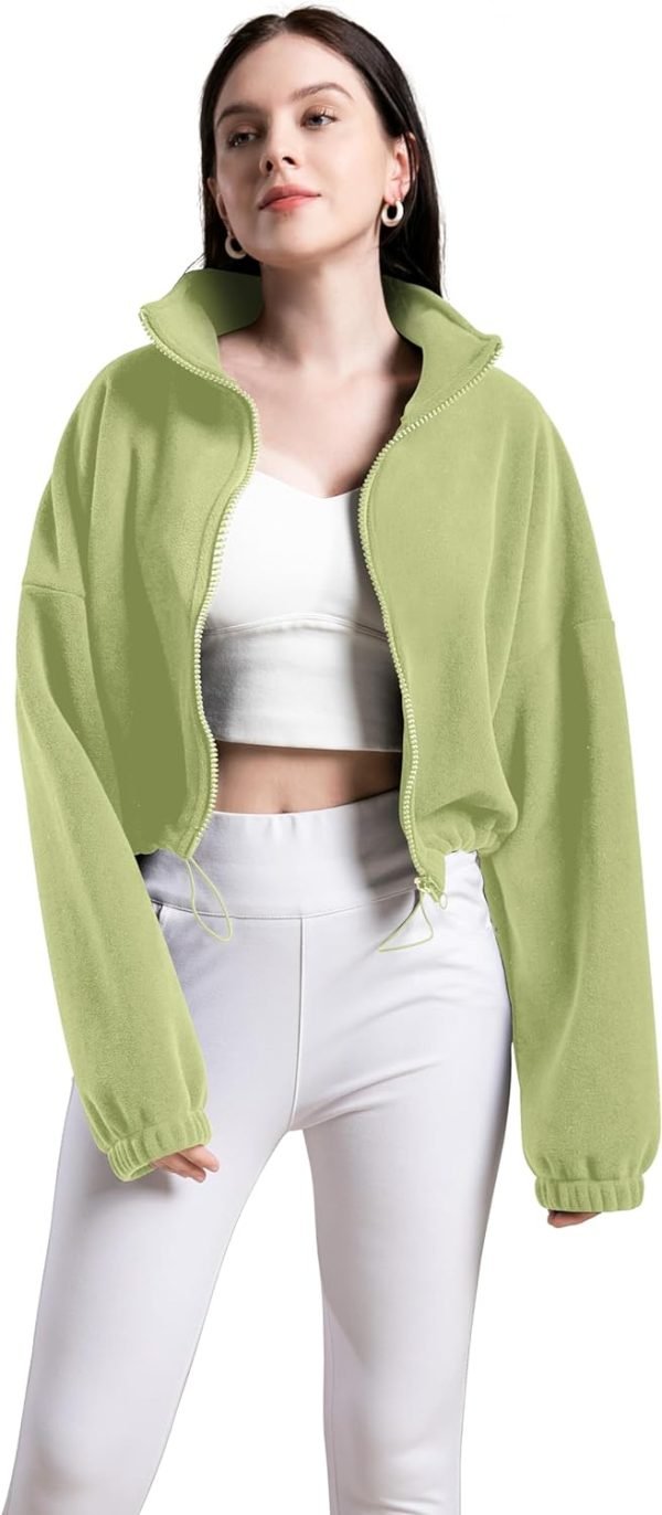 71R2_7AMXDL._AC_SL1500 Women's Full Zip Fleece Short Jacket Oversized Athletic Running Long Sleeve Stand Collar Crop Warm Sherpa Coat