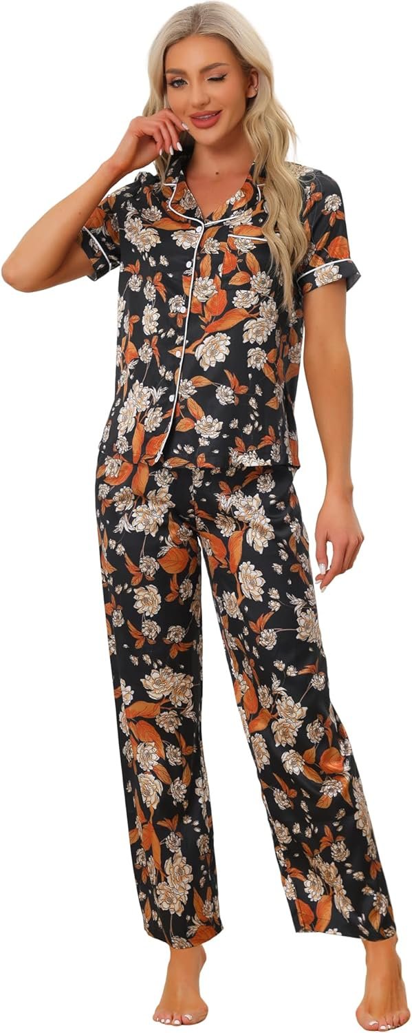 71Se0_azkML._AC_SL1500 Womens Satin Floral Sleepwear Short Sleeves Button Down Tops with Pants Lounge Pajamas Sets