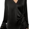 71SkzTHId6L._AC_SL1500 Women's Satin Silk Blouses Wrap V Neck Shirts Long Sleeve Elegant Tie Waist Office Formal Work Tunic Pullover Tops