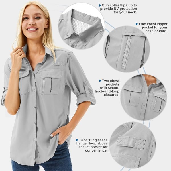 71UZaDgRKlL._AC_SL1500 Women's UPF 50+ Long Sleeve UV Sun Protection Safari Shirt, Quick Dry SPF Hiking Fishing Breathable Shirts