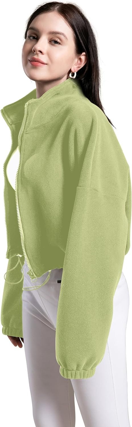 71WgmSlIqBL._AC_SL1500 Women's Full Zip Fleece Short Jacket Oversized Athletic Running Long Sleeve Stand Collar Crop Warm Sherpa Coat