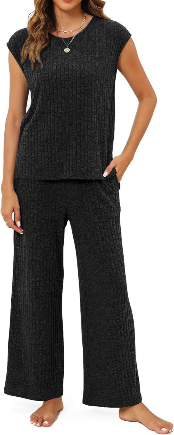 Pajama Sets for Women 2 Piece Ribbed Knit Summer Cute Pj Set Comfy Matching Lounge Sets Loungewear Sleepwear