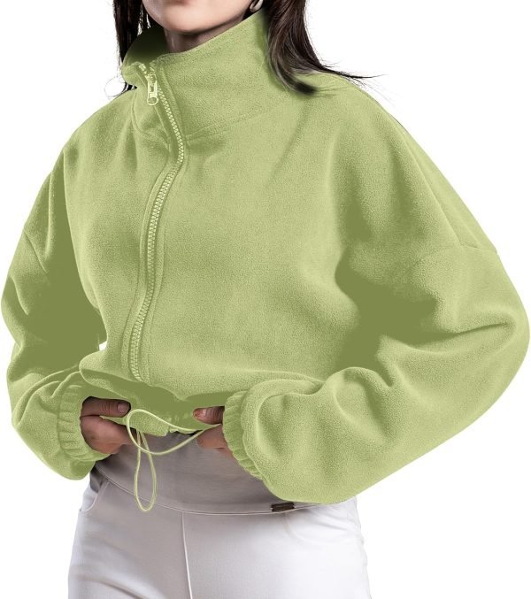 71Yweq2kxUL._AC_SL1500 Women's Full Zip Fleece Short Jacket Oversized Athletic Running Long Sleeve Stand Collar Crop Warm Sherpa Coat