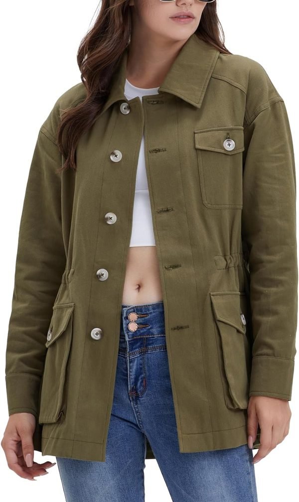 71Z9nnNNqkL._AC_SL1500 Women's Military Jacket Lightweight Button Up Utility Drawstring Waist Anorak Coat with Pockets