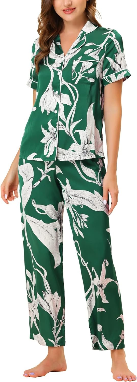 71_-j5JmrVL._AC_SL1500 Womens Satin Floral Sleepwear Short Sleeves Button Down Tops with Pants Lounge Pajamas Sets