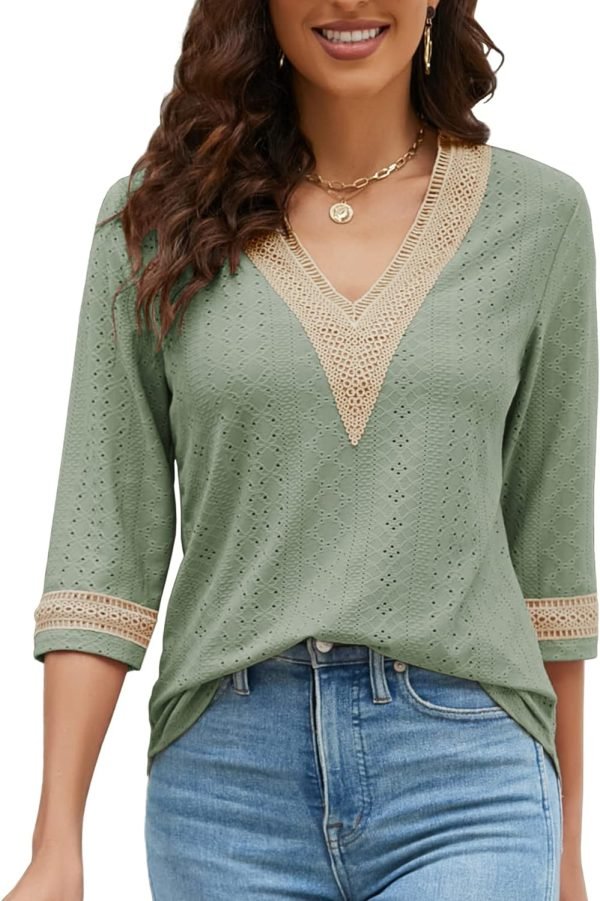 71f284VJqqL._AC_SL1500 Women's Casual 3/4 Sleeve Shirts Lace V Neck Color Block Dressy Tops Trendy Hollow Floral Blouses T Shirts S-XXL