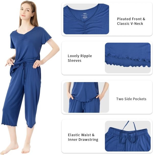 Soft Bamboo Viscose Pajamas Set for Women Summer Sleepwear Pjs Comfy Short Sleeve Tops Capri Pants Sets
