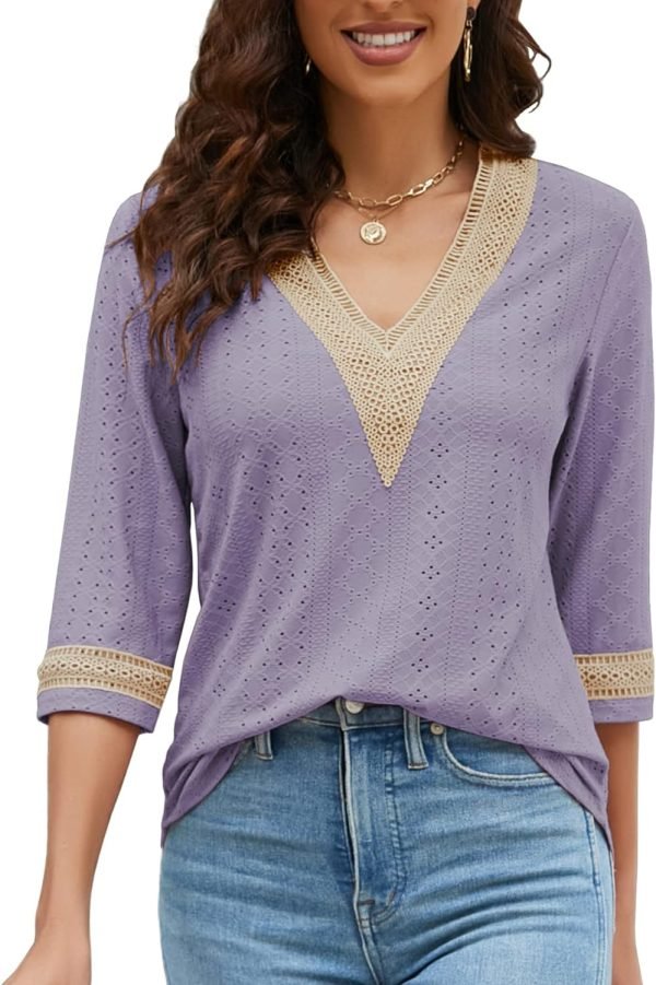 71hnJOzYP8L._AC_SL1500 Women's Casual 3/4 Sleeve Shirts Lace V Neck Color Block Dressy Tops Trendy Hollow Floral Blouses T Shirts S-XXL