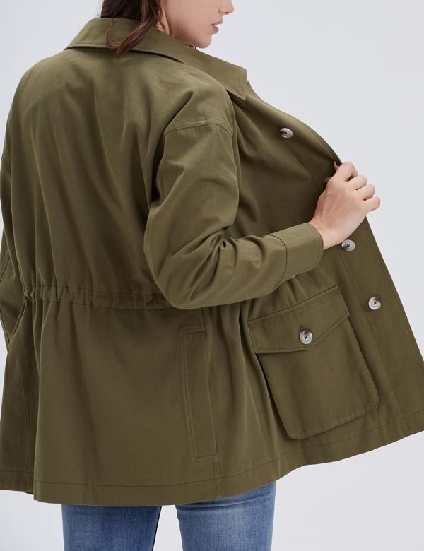 71iSfmLBRIL._AC_SL1500 Women's Military Jacket Lightweight Button Up Utility Drawstring Waist Anorak Coat with Pockets