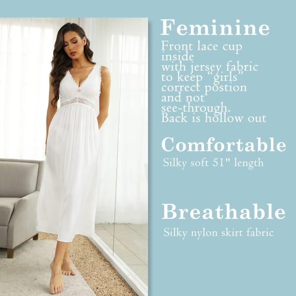 Womens Nightgown Long Sexy Silky V neck Chemise Lace Sleeveless Sleepwear for women Elegant