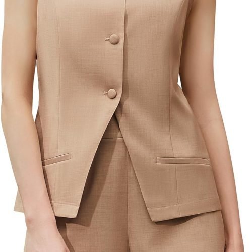 Women's Summer 2 Piece Outfits Sleeveless Round Neck Button Down High Waisted Pants 2024 Business Work Sets