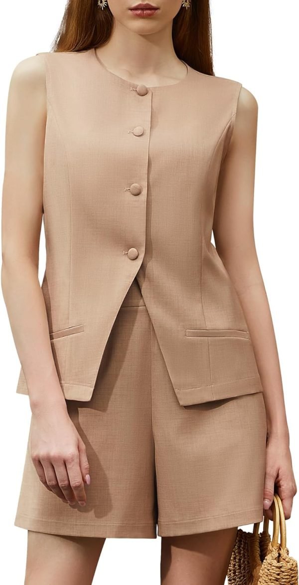 71jWwIw27dL._AC_SL1500 Women's Summer 2 Piece Outfits Sleeveless Round Neck Button Down High Waisted Pants 2024 Business Work Sets