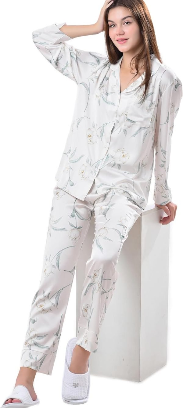 Women's Silky Satin Pajamas Set Long sleeve and Pants Sleepwear Soft and Comfy Button Down Loungewear Relaxed Fit