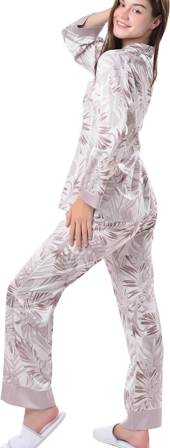Women's Silky Satin Pajamas Set Long sleeve and Pants Sleepwear Soft and Comfy Button Down Loungewear Relaxed Fit