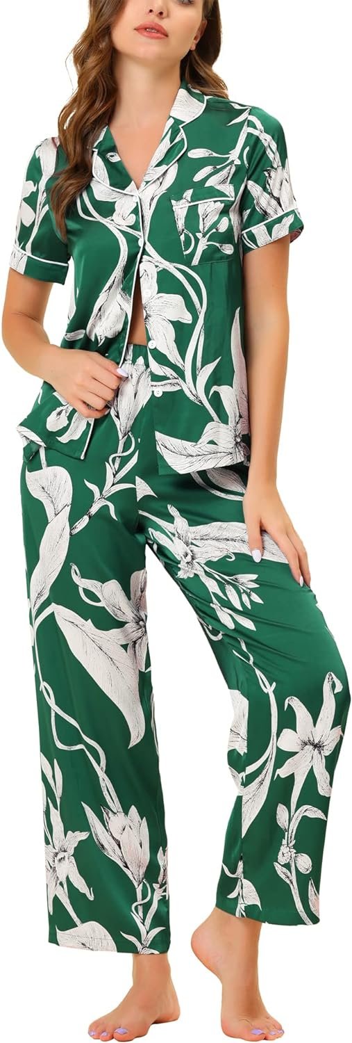 71m0yDtnqYL._AC_SL1500 Womens Satin Floral Sleepwear Short Sleeves Button Down Tops with Pants Lounge Pajamas Sets