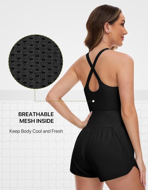 Athletic Romper Workout Onesie for Women, Quick-dry Running Active Romper One Piece Outfits with 2 Side Pockets