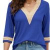 71nY29q7_PL._AC_SL1500 Women's Casual 3/4 Sleeve Shirts Lace V Neck Color Block Dressy Tops Trendy Hollow Floral Blouses T Shirts S-XXL