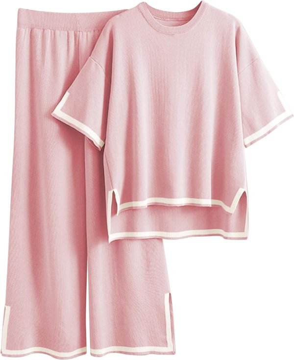 Womens Knit 2 Piece Sweater Sets Short Sleeve Pullover Tops Elastic Waist Wide Leg Pants Lounge Set