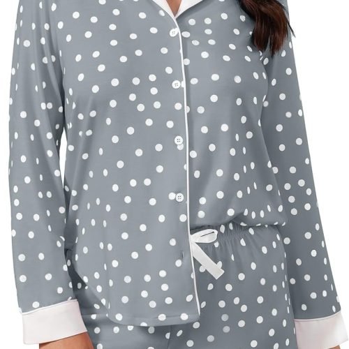 71p3b5vvGiL._AC_SL1500 Button Down Pajamas Sets Women Two-Piece Satin Silk Pjs Sets Loungewear Long Sleeve Sleepwear Shorts Nightwear Sets