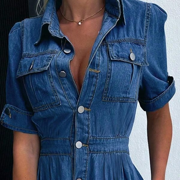 Women Denim Shirt Dress V Neck Short Sleeve Long Bottom Down A-Line Jeans Dresses with Pockets