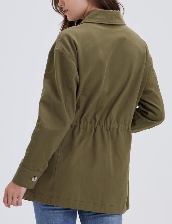 71rr6eGrLuL._AC_SL1500 Women's Military Jacket Lightweight Button Up Utility Drawstring Waist Anorak Coat with Pockets