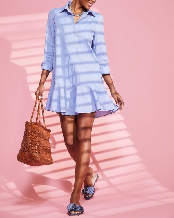 71s1nSjWISL._AC_SL1500 Women's Tunic Mini Shirt Dress Cotton Long Sleeve Ruffle Hem Dress Button Up Shift Chambray Dresses